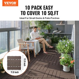 VEVOR Interlocking Deck Tiles Plastic Wood, 10 Pack,12"x12" 10 sq. ft Waterproof Outdoor Flooring All Weather Use, Patio Floor Decking Covering Tiles for Porch Poolside Balcony Backyard, Dark Brown