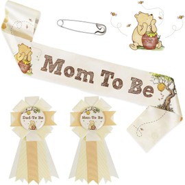 Classic Winnie Bear Baby Shower Decorations Mom to Be Sash Dad to Be Corsage Set, Neutral Vintage Pooh Bear Mommy to Be Sash Baby Shower Sash Set Winnie Gender Reveal Decorations Keepsake Gift
