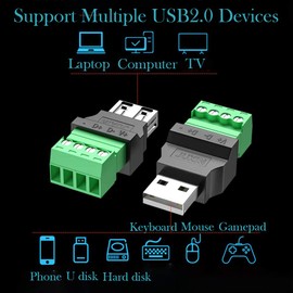 Jienk USB 2.0 Type A Male to 4 Pin Screw Terminal Block Connector, Portable Pluggable Type Adapter Connector Converter 300V 8A(2 Pack)