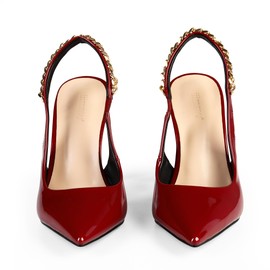iiimmu Women’s Pumps, Closed Toe 4 in, Slingback Pumps with Chain for Wedding Party Dress Prom Heels, Patent Leather, Red, Size 8.5