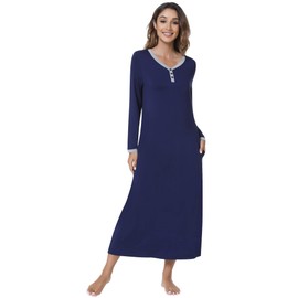 NACHILA Women's Nightgowns-Viscose Made from Bamboo, Long Sleeve Nightshirt Full Length Sleepshirt Soft Sleepwear with Pocket Navy Blue/Heather Grey XX-Large