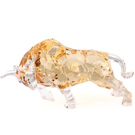 PlivBloom Wall Street Bull Statue,Acrylic Figurines Taurus Decor,Crystal Bull Sculpture Animal Ornaments,Modern Fengshui Glass Figurines,for Living Room, Bedroom, Office Desktop, Cabinets (Gold)