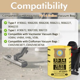 12 Pack Vacuum Bags Compatible with Shop Vac 10-14 Gallon Bags,Type F 90662 9066200 9066233 & Type I 90672 9067200 9067233 VF2005 Disposable Fine Dust Collection Bags