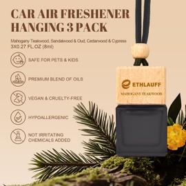 Car Air Freshener Hanging, 3 Pcs Mahogany Teakwood, Sandalwood & Oud, Cedarwood & Cypress, Wooden Scent Air Fresheners Diffuser for Car, 45+ days Long Lasting Fragrance, 0.27 FL OZ/8ML