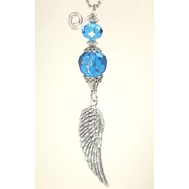 Turquoise Blue Faceted Glass with Silver Angel Wing Rear View Mirror Car Ornament Charm