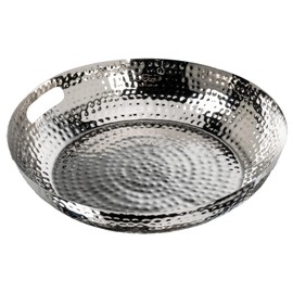 MyGift 14 Inch Deluxe Decorative Dish Tray Centerpiece Base, Silver Tone Plated Hammered Aluminum Fruit Bowl Serving Platter with Cutout Handles - Handcrafted in India
