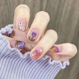 Press On Nails with Nail Glue, 3D Peach Flower Summer Cute Designed in Glue on Nails, Fake Nails, Short Square Almond Ballet Shape for Stick On Nails on 24PCS,Cute Cartoon Flower