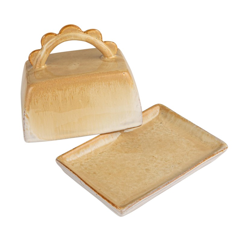 Bloomingville Stoneware Butter Dish with Scalloped Handle, Caramel