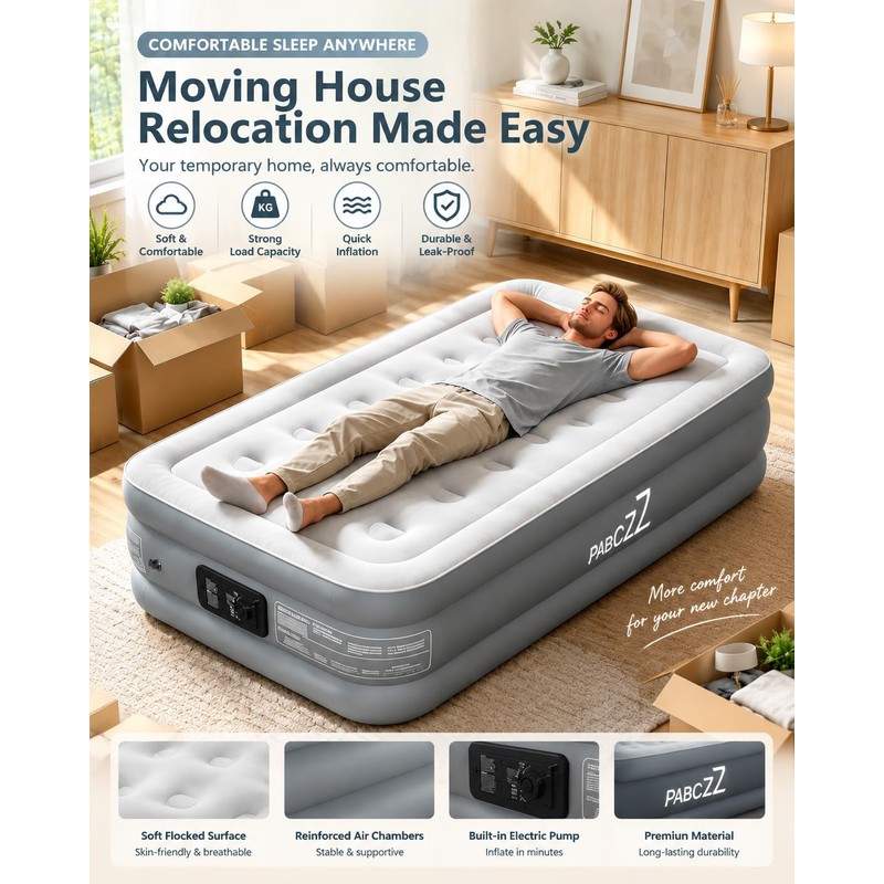 Air Mattress Twin with Built-in Pump, 18" Height, Up to