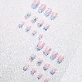 French Tip Press on Nails Short Square Fake Nails with Blue Flower Gold Bead Designs Glossy Nude Pink Acrylic Artificial Nails Full Cover Spring Floral Stick on Nails for Women Girls Manicure 24Pcs