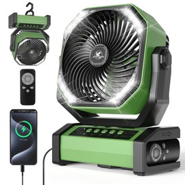 KITWLEMEN Camping Fan with Light - 20000mAh Rechargeable Battery Fan, 60Hrs Max Run Time, 4 Speeds, Timer, Auto Oscillation, 270° Pivot & Hook for Camping, Power Outage, Hurricane