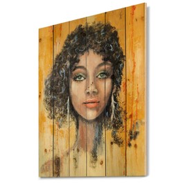 DesignQ Woman Face With Green Eyes & Black Hair Impression Modern & Contemporary Wood Wall Decor, Orange Wood Wall Art, Large Abstract Wood Wall Panels Printed On Natural Pine Wood Art