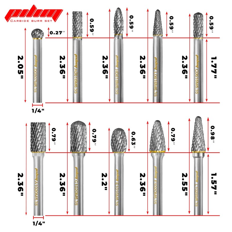 Tungsten Carbide Burr Set 1/4" Shank 10PC Double Cut Rotary