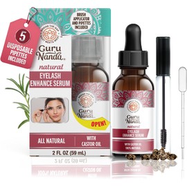 GuruNanda- Suero potenciador de pestañas con aceite de ricino natural y aceite de romero con aplicador de pincel, ayuda a las cejas y