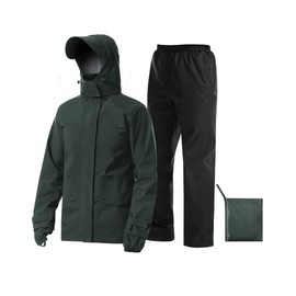 iCreek Rain Suit Waterproof Jacket with Pants 2 Pieces Breathable Lightweight Packable Raincoat with Hooded Rain Gear Unisex（XXL, Grey Green）