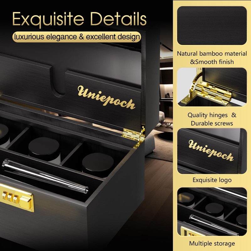 Uniepoch Large Black Bamboo Stash Box with Combo Lock &