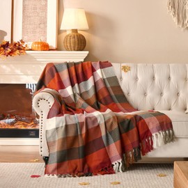 Lanpn Rust Plaid Throw Blanket, Cozy Soft Fall Fringe Blankets for Couch Sofa Bed, Lightweight Red Checkered Throws Acrylic Cashmere Like Shawl, Autumn Farmhouse Thanksgiving Home Decor Gift, 50x60