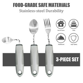 Adaptive Utensils for Elderly, Hand Tremors, Parkinsons & Handicapped | 3 Pack | Non-Slip Easy Grip Handles Right Handed Curved Spoon and Fork Set | Lightweight | Stainless Steel | Eat Independently
