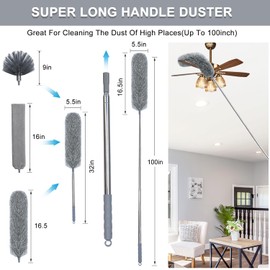 Ceiling Fan Duster with Extension Pole, Cobweb Brush and & Gap Duster Cleaning Kit, Microfiber Duster for Cleaning,Telescoping Pole,15-100 Inch Reachable (Grey)