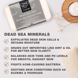 One With Nature One With Nature Dead Sea Mineral Salt Soap 4oz 3Pk with Argan Oil & Shea Butter - Dead Sea Salt Contains Magnesium, Sulfur & 21 Essential Minerals - All Skin Types, Acne, Eczema - Fragrance Free