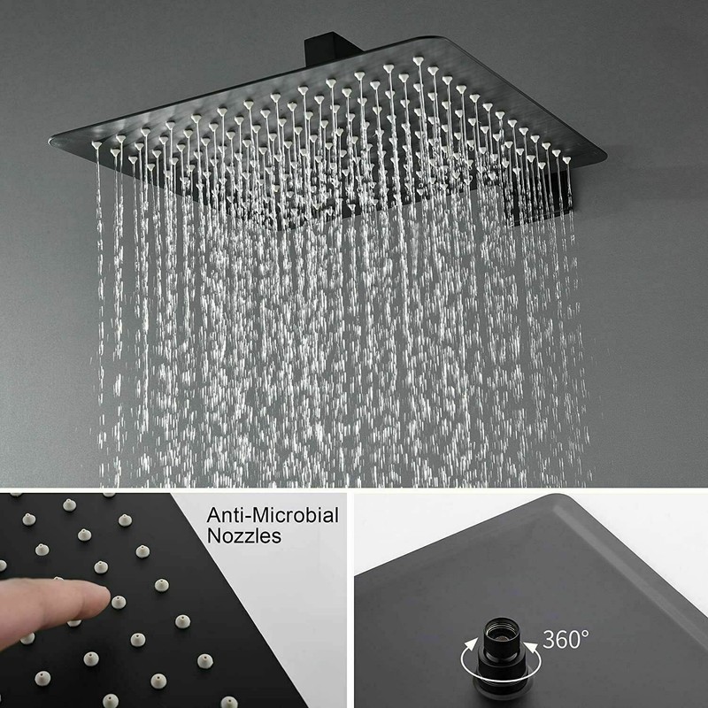 EMBATHER Black Shower System 16" Rainfall Top Spray Shower Faucet