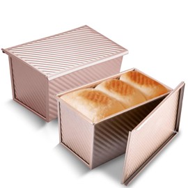 KITESSENSU Pullman Loaf Pan with Lid 2 Pack, 1 lb Dough Capacity Non-Stick Bakeware for Baking Bread, Carbon Steel Corrugated Bread Toast Box Mold with Cover for Baking Bread, Gold