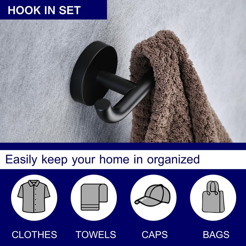 Gudetap Black Hook and Towel Hook Set, Bathroom Towel Hooks,