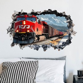 SUPERDANT 3D Wall Sticker Vintage Train 3D Break Wall Decals Alpine Forest Train Wall Art Stickers Nursery Wall Sticekrs Peel and Stick for Living Room Bedroom Home Wall Decor