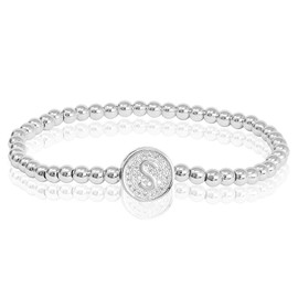 by you Initial Bracelets for Women 26 Letters Alphabet Round Charm Stainless Steel Gold Silver Beaded ball Bracelets (Silver - S)