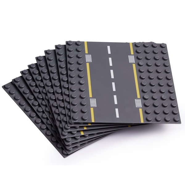 Large Building Blocks Road Base Plates Compatible with All Major Brands – 8Pcs Straight and Curved Road Plates for Construction Blocks – 7.5 x 7.5 Inch Street Baseplates, STEM Learning