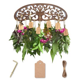 LkNNYY8 Rustic Herb Drying Rack Hanging,Wooden Tree of Life Dried Herb Flowers Rack Wall Art,Home Kitchen Witch Decor Wall Flowers Grass Gift,with 11 Hooks and 25 Gift Cards & 40 Inch Twine