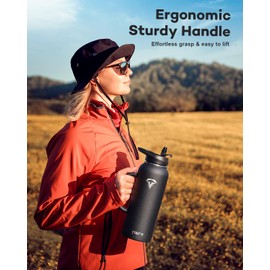 Topre 40 oz Insulated Water Bottle with Straw and Lid, Food-grade Double Wall Vacuum Stainless Steel Flask with Handle,Leakproof Metal Travel Jug With Carry Pouch and Brush,Keep Cold & Hot,Black