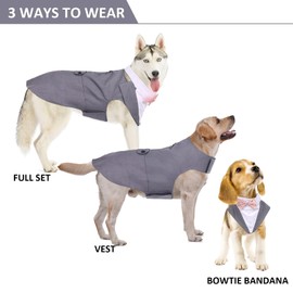DORA BRIDAL Dog Tuxedo for Medium Dogs, Dog Suit and Bowtie, Formal Dogs Wedding Outfit, Pet Tuxedo and Bandana Set Valentines Birthday Costumes for French Bulldog, Pomeranian, Dachshund, Grey, M