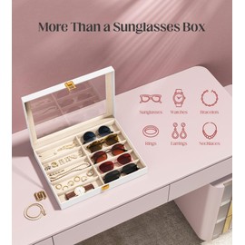 sensok Sunglasses Organizer Storage Box - 10 Slots Eyeglass Display Case for Multiple Pair Glasses, Sunglass Holder with Clear Glass Lid, Jewelry and Watch Collection Box for Women and Men, White