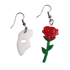 Phantom of the Opera Mask and Rose Mismatch Earrings with Nickel Free Hooks, Theater Musical Stage Jewelry