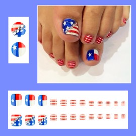 24pcs 4th of July Press on Toenails Short Square American Flag Fake Toe Nails with Rhinestones Design Independence Day Star False Toenails Fourth of July Full Cover Stick on Nails for Women Holiday