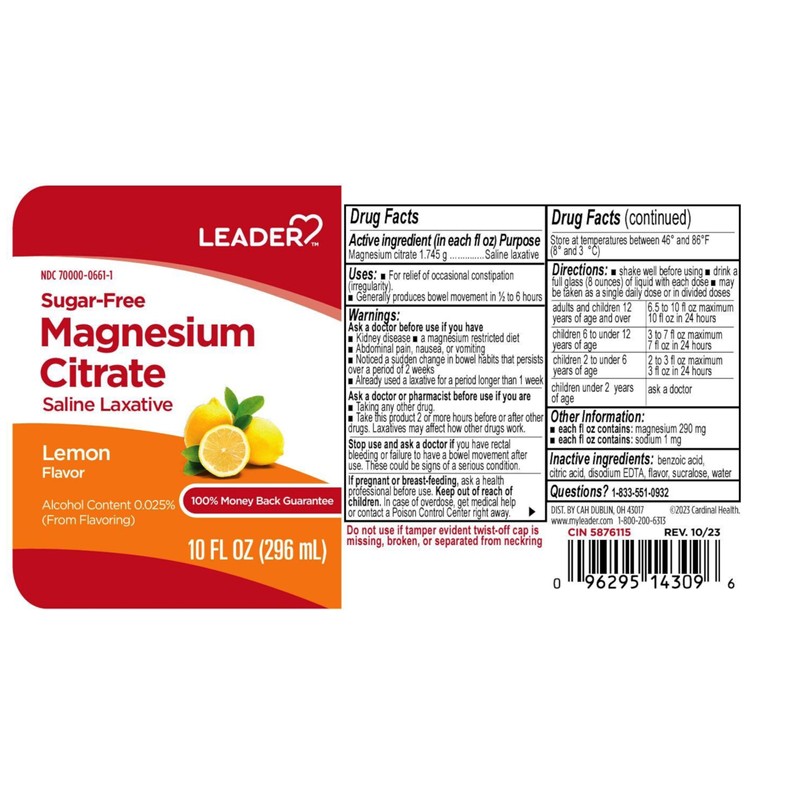 Leader Magnesium Citrate Saline Laxative, Sugar-Free, Lemon Flavor, 10 FL