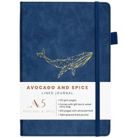 A5 Notebook Travel Journal by Avocado and Spice® A5 Notepad with Gift Box & Velvet Bag - Hardback Daily Planner - A5 Lined Notebook with Bookmark, Elastic Strap, Pen Holder, 200 Pages (Blue, Lined)