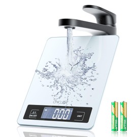 CHICLEW Digital Kitchen Scales Glass, 5 kg Digital Kitchen Scale, Electronic Household Scales for Kitchen, Kitchen Scales Waterproof with LCD Display, 1 g Accurate and Tare Function