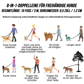 Eyein Dog Lead for Large and Medium Dogs up to 100 kg, 3 m Double Lead for 2 Dogs with 3 Adjustable Buckles and Handles, 8-in-1 Reflective Thickened Free Leads, Blue