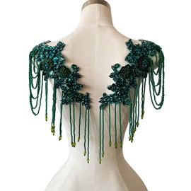 Pair Beaded Rhinestones Tassel Applique Embellishment for Clothes,Pure Handsewing Crystal Diamond Patches for Wedding Dress DIY Accessories (Deepgreen)