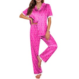 Ekouaer Womens Silk Satin Pajamas Set Button Down 2 Piece Pjs Short Sleeve Long Pants Sleepwear Lounge Set, Rose Leopard, M
