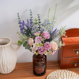 Peauley 15 Inch Artificial Silk Flowers Bouquet with Roses, Eucalyptus, Baby's Breath, Daisies, Lavender, Sage & Chamomile - Realistic Faux Floral Arrangement for Home Decor Centerpiece