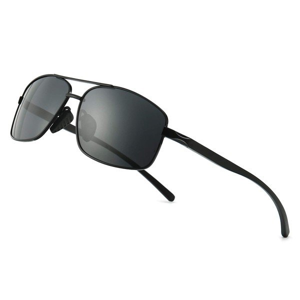SUNGAIT Ultra Lightweight Rectangular Polarized Sunglasses UV400 Protection (Black Frame Gray Lens, 62) Metal Frame 2458 HKH