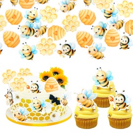 ZHUOWEISM 60 PCS Edible Bumble Bee Cupcake Toppers Waper Paper Honey Bees Honeycomb Oh Babee Cupcake Picks Decorations for Bee Theme Baby Shower Kids Birthday Party Supplies