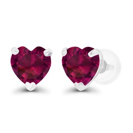 Solid 14K White Gold 6mm Heart Created Red Ruby July Birthstone Genuine Stud Earrings For Women