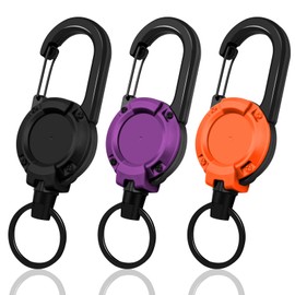 Key Fob Extendable 3 Pieces Lanyard Extendable ID Card Yo-Yo Retractable Key Ring with 60 cm Steel Wire Rope, ID Card Holder Extendable with Carabiner Black + Purple + Orange