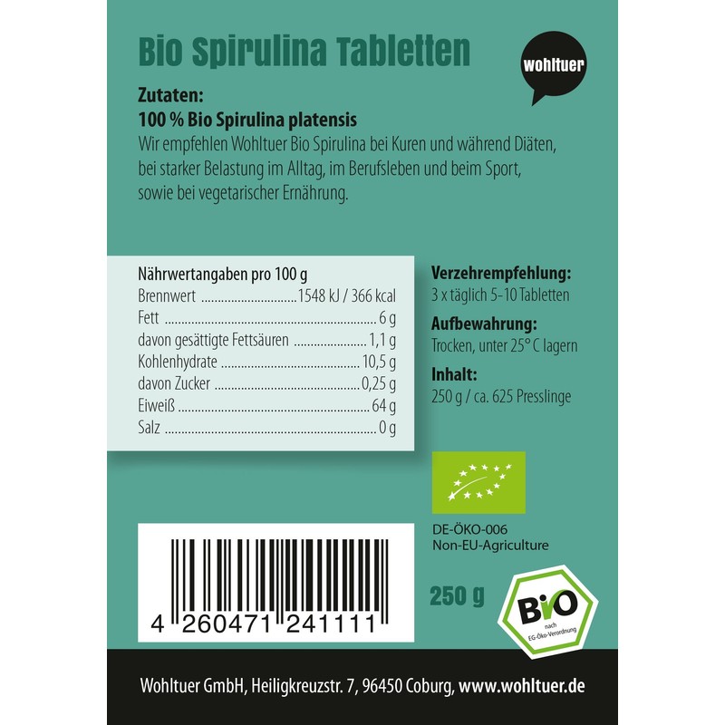 Wohltuer Certified Organic Spirulina 250g, Vegetable Quality (006)