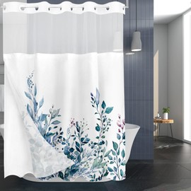 Tititex No Hooks Snap in Liner Blue Eucalyptus Leaves Shower Curtain Sets, Hotel Luxury Double Layers Waterproof Fabric & See-Through Top Window Bathroom Decorative 72x84 Inch