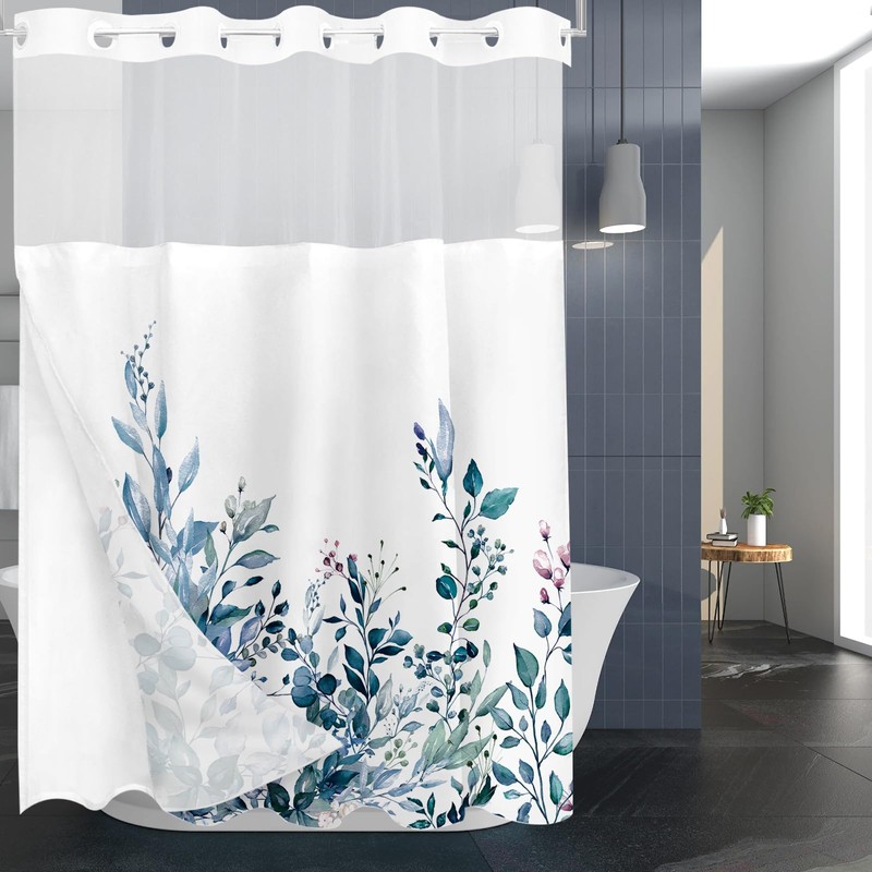 Tititex No Hooks Snap in Liner Blue Eucalyptus Leaves Shower